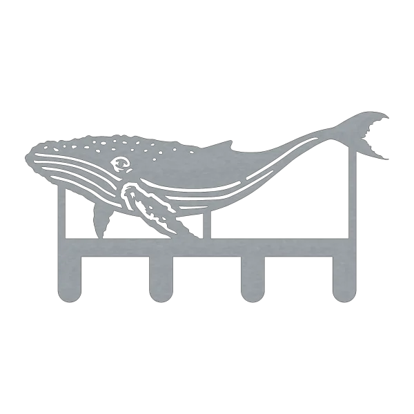 A laser-cut steel wall hook featuring a detailed design of a humpback whale, with textured cuts for fins and tail, and four sturdy hooks extending from the bottom. The metallic grey finish contrasts against a black background, highlighting the intricate whale pattern and sleek, modern design.
